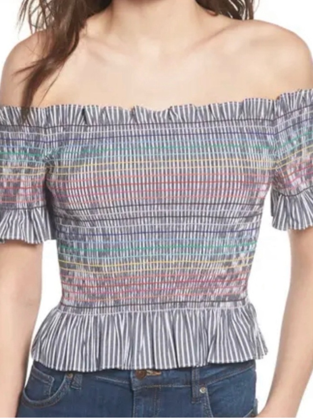 Wayf Black-and-White Striped Smocked Crop Top with Rainbow Stitching